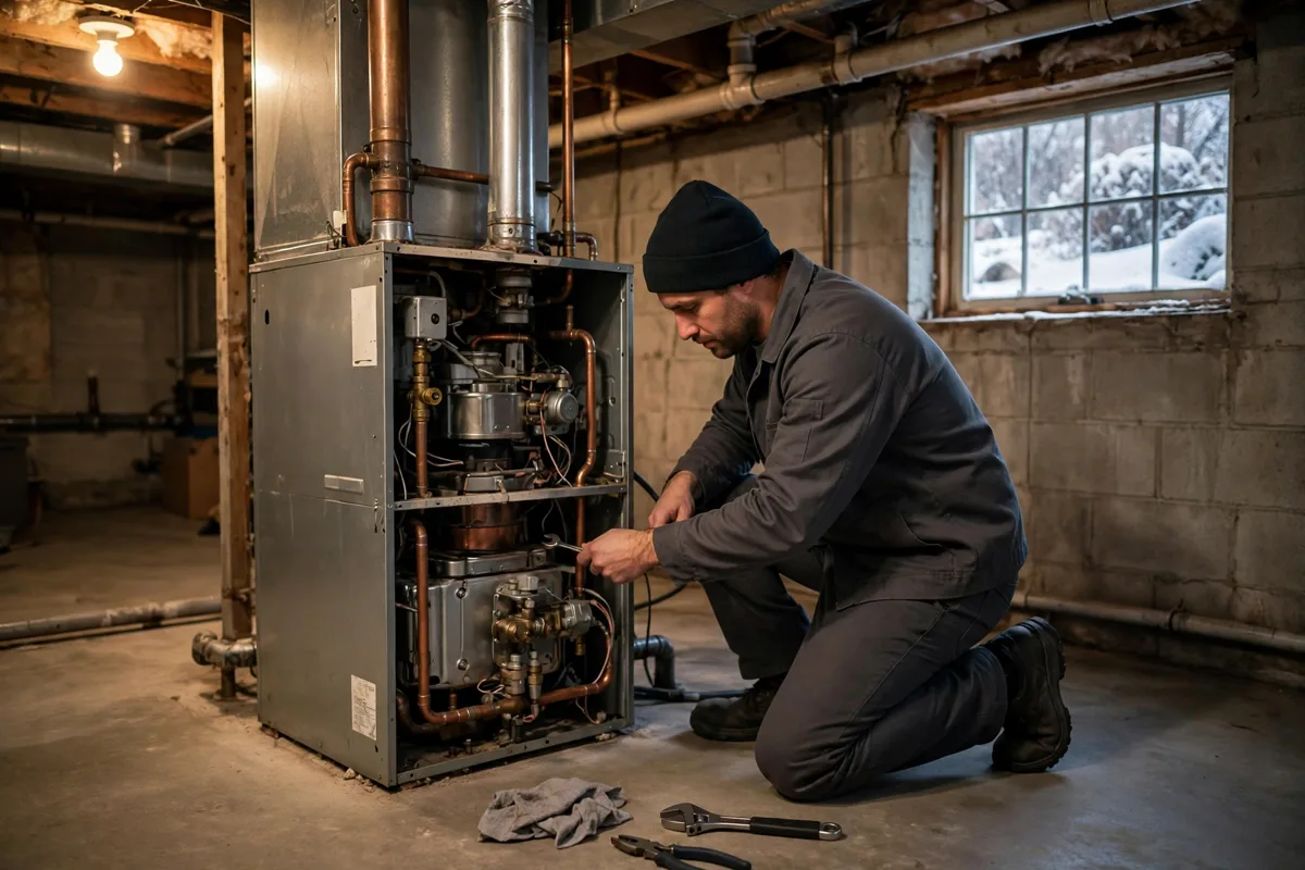 A technician kneeling beside an open gas furnace in a basement, with snow visible through the window