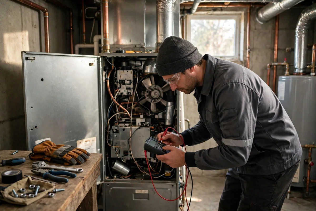 A technician testing furnace controls with a handheld meter beside an open furnace