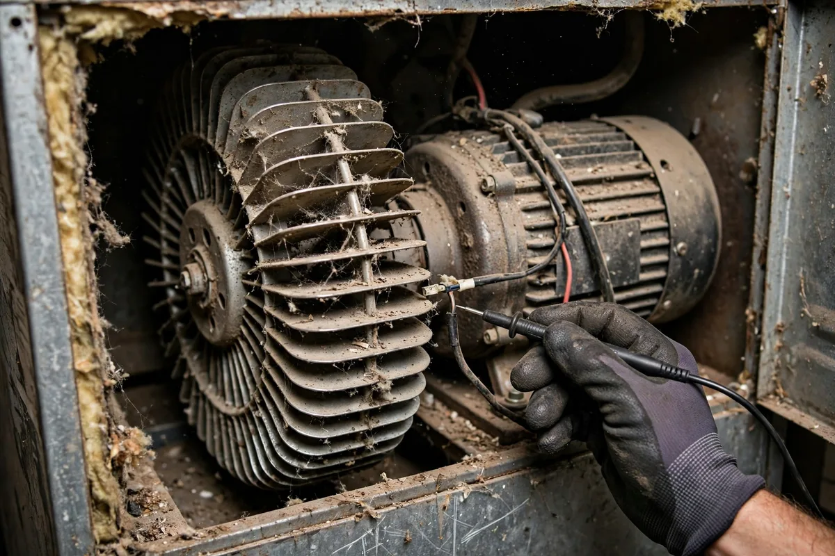 A dusty blower wheel and motor inside an open furnace being tested with a meter probe