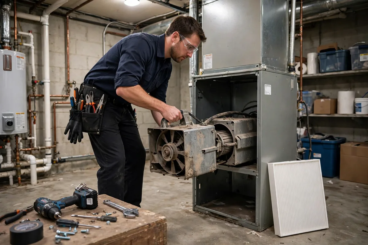 A technician sliding a blower assembly out of an open furnace beside a clean filter