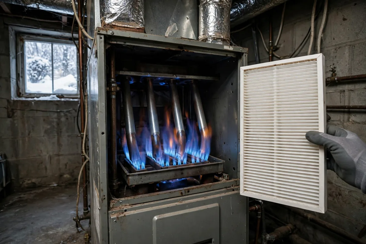 Technician holding a new filter beside an open gas furnace with blue flames in a basement, snow visible through the window
