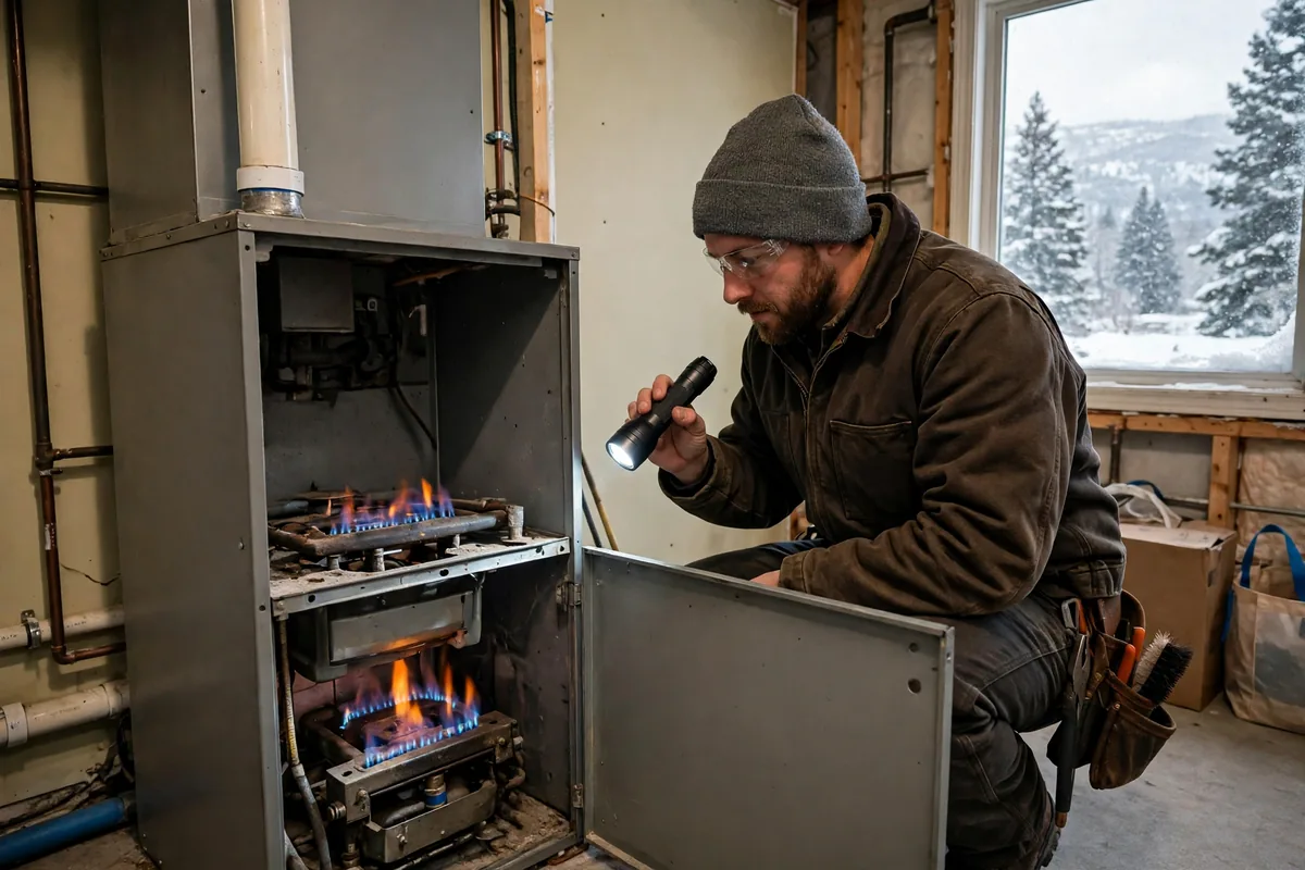 Technician inspecting a gas furnace burner with a flashlight in a Casper home