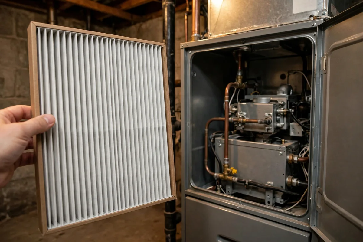 A clean pleated furnace filter held beside an open furnace in a Casper basement