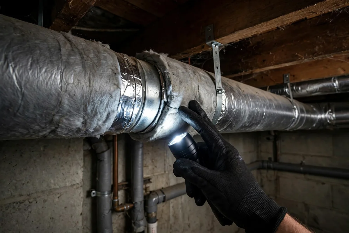 An insulated duct joint being checked with a flashlight in a Casper basement