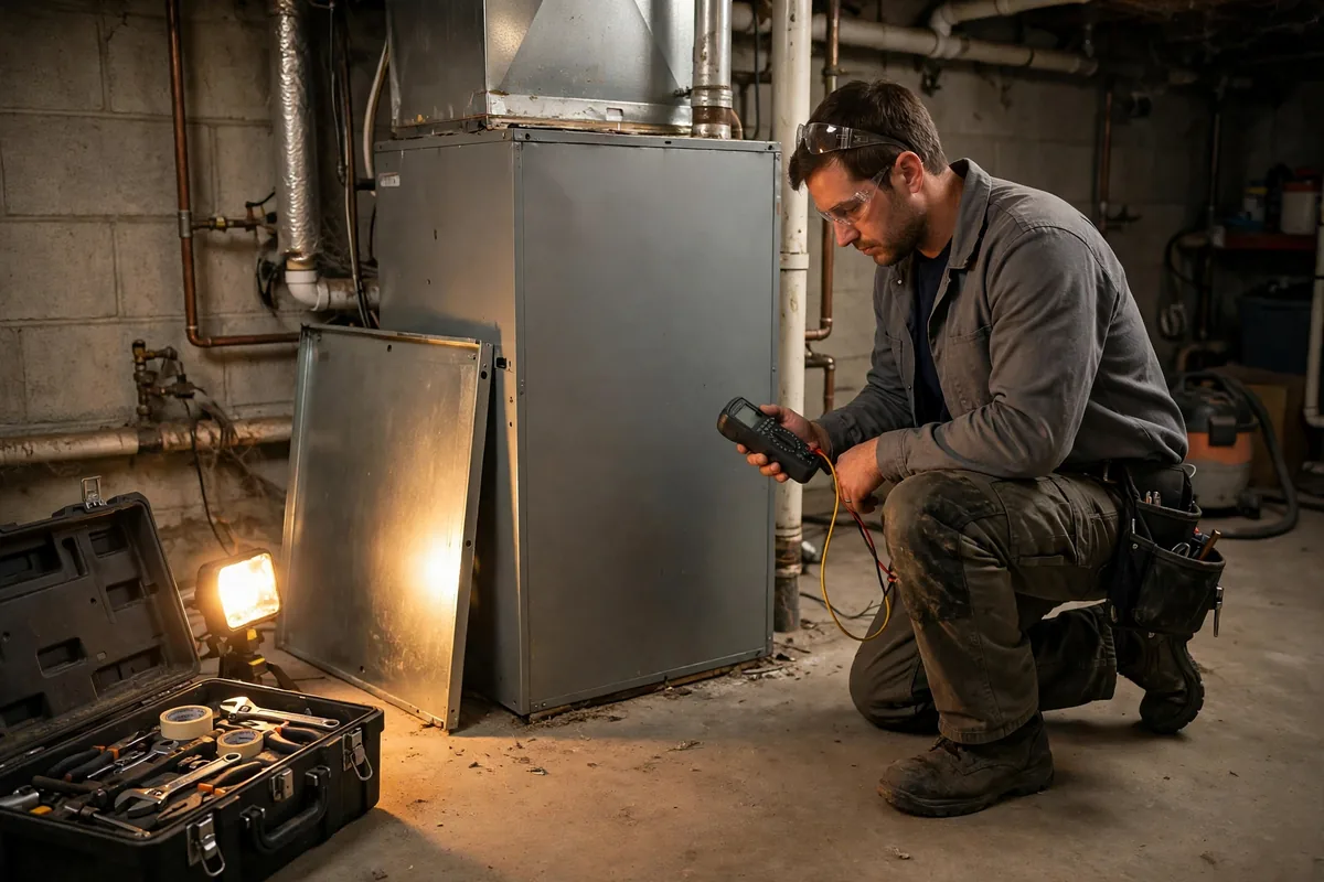 A technician testing an open furnace with a meter during a Cheyenne repair visit
