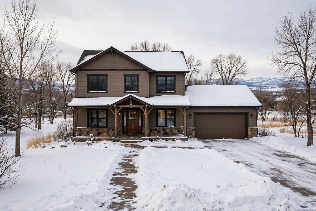 A Cheyenne-style home in daytime winter snow with a cleared walkway