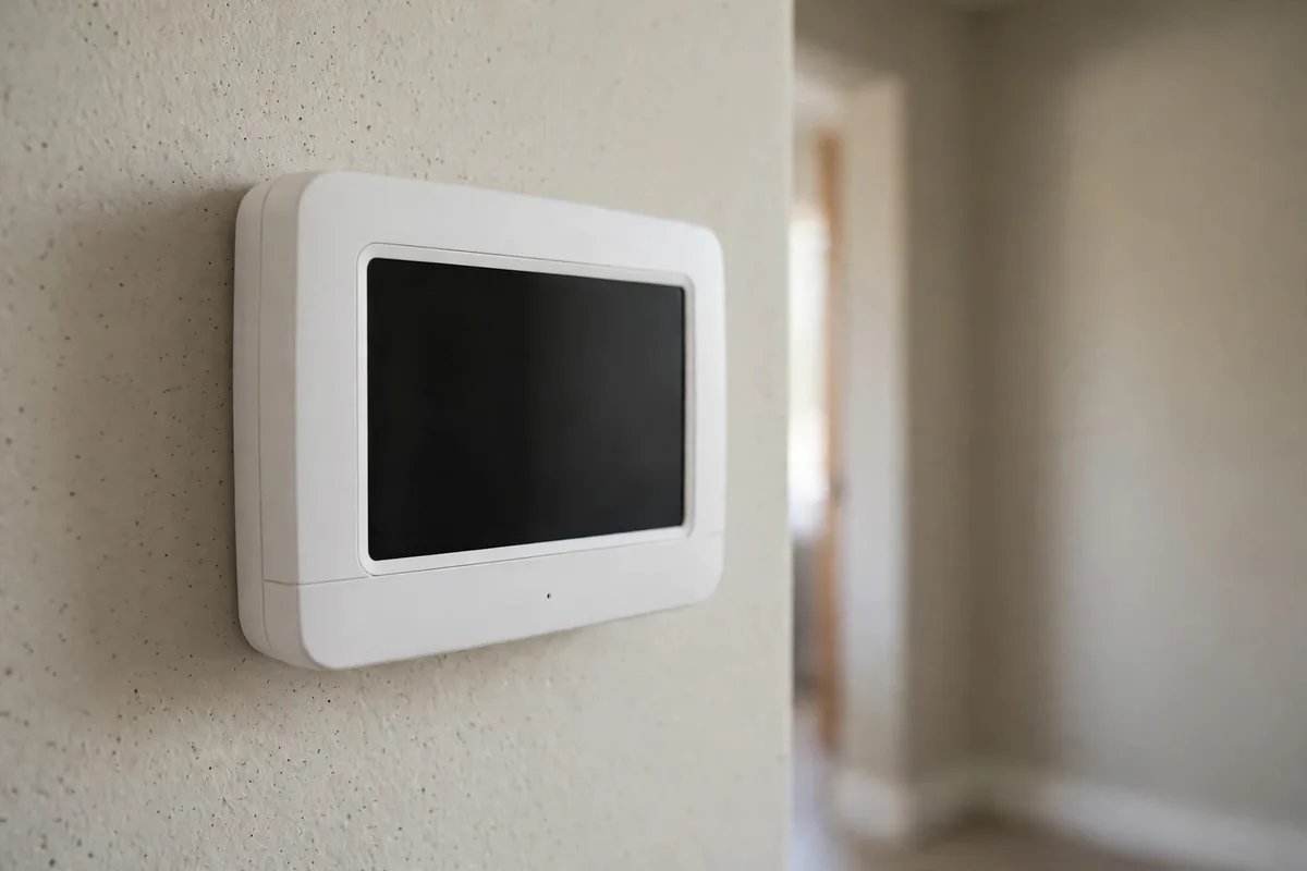 A plain wall thermostat with a blank dark screen in a home hallway