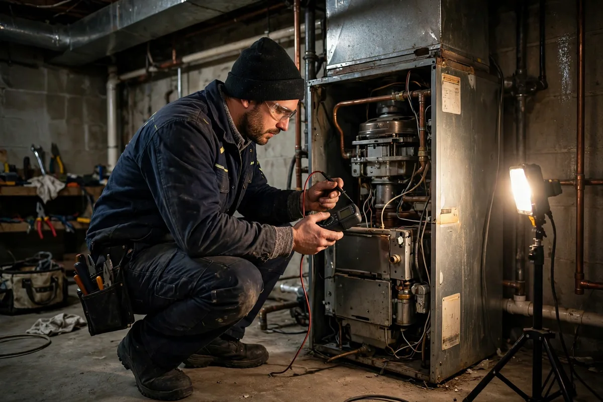 A technician testing an open furnace with a meter in a basement