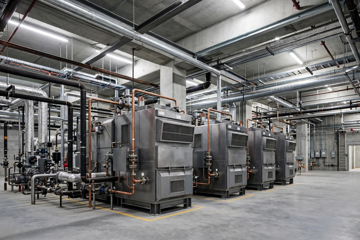 Large commercial furnace units in a spacious building mechanical room