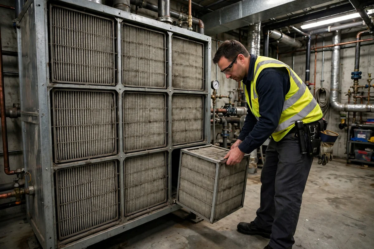 A technician checking a large commercial furnace filter bank