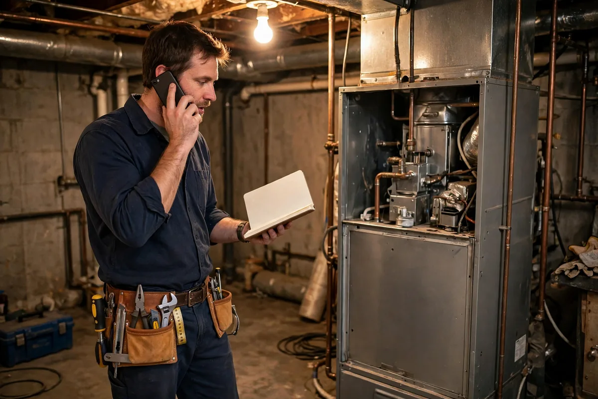Technician on the phone beside an open furnace, holding a notebook