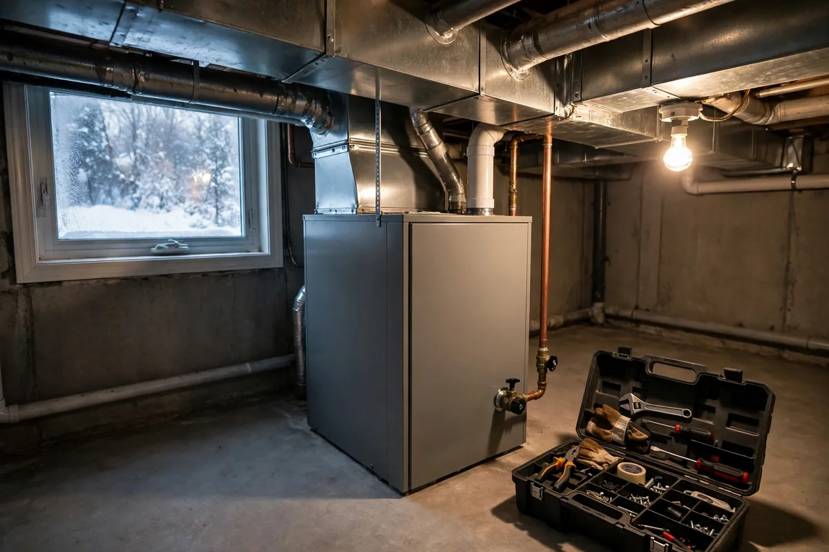 A furnace with ductwork and an open toolbox in a basement