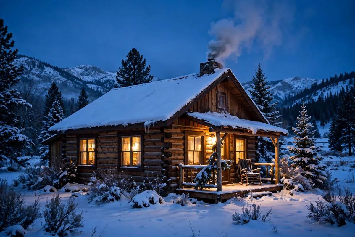 A log cabin in snow at dusk with warm windows and chimney smoke