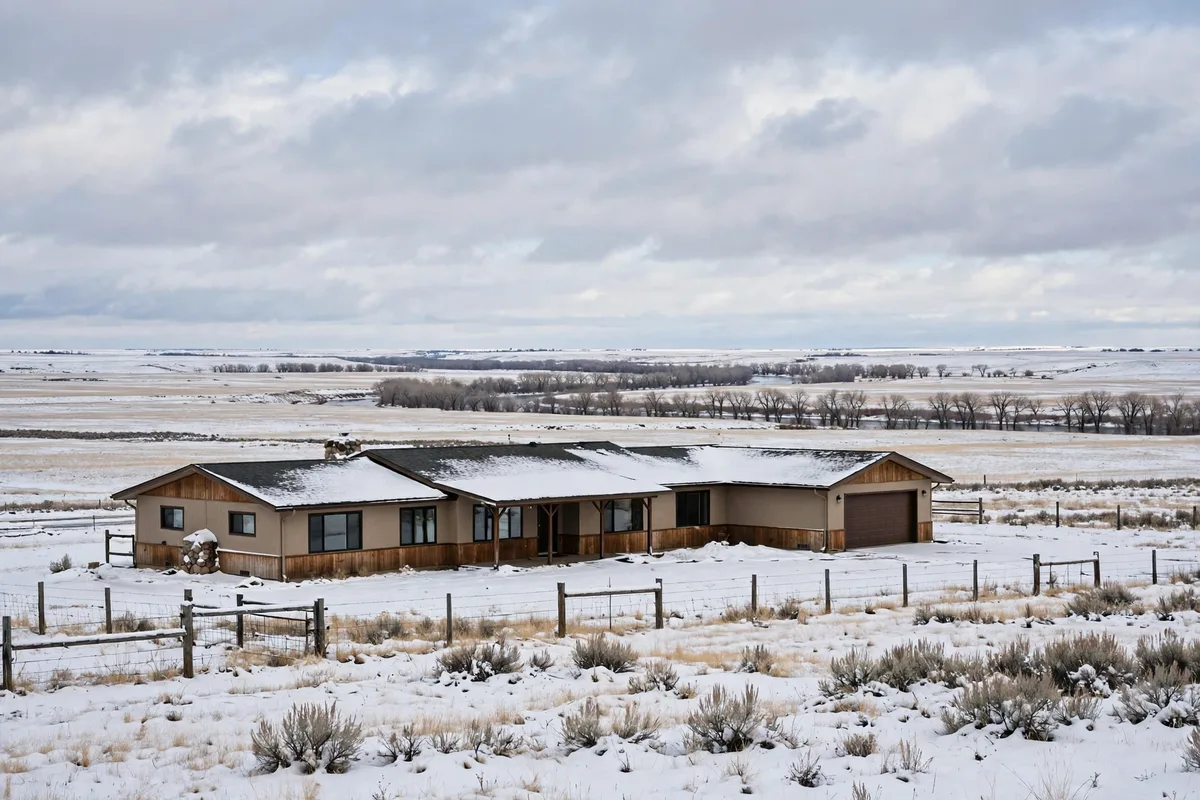 A ranch house on open snowy plains with river trees in the distance