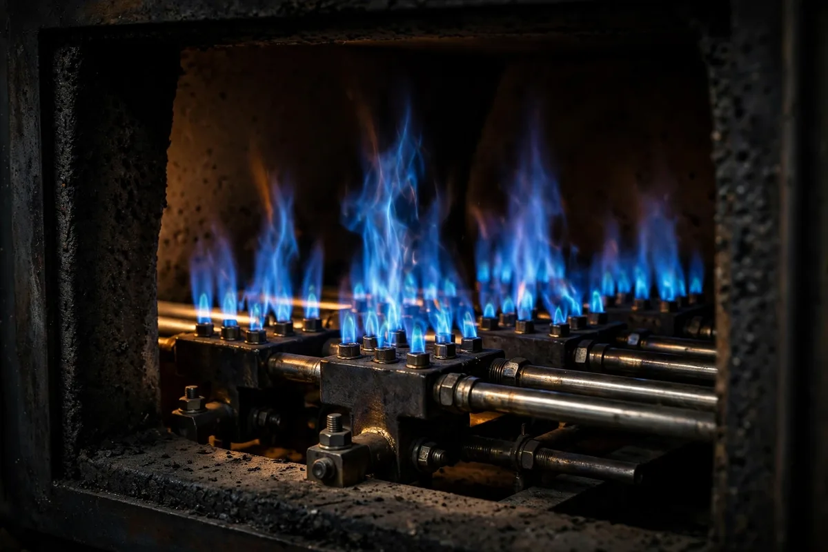 Blue burner flames inside an open furnace cabinet