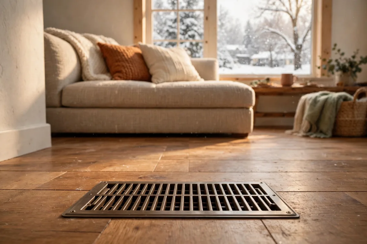 A floor heating vent in a cozy living room with snow outside the window