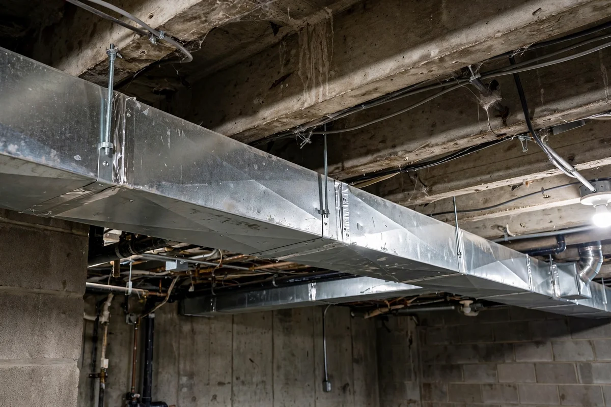 Exposed metal ductwork running along a basement ceiling