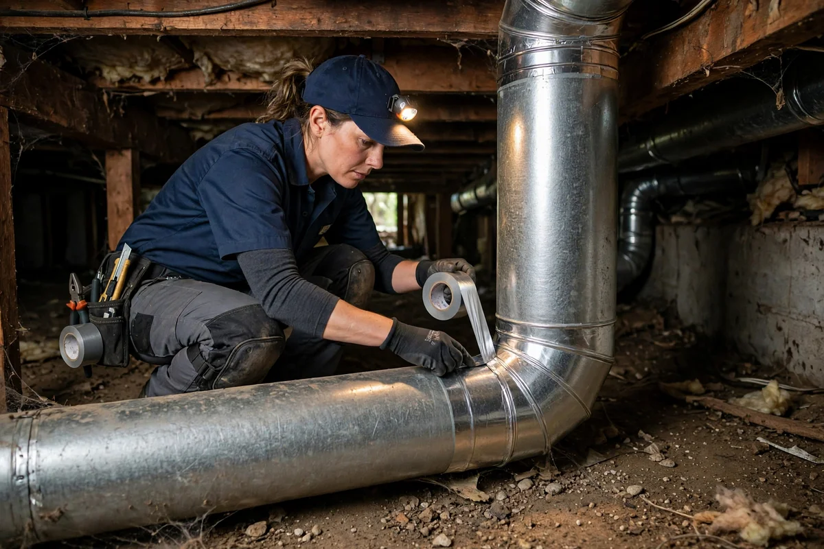 A technician sealing a duct joint with foil tape in a crawl space