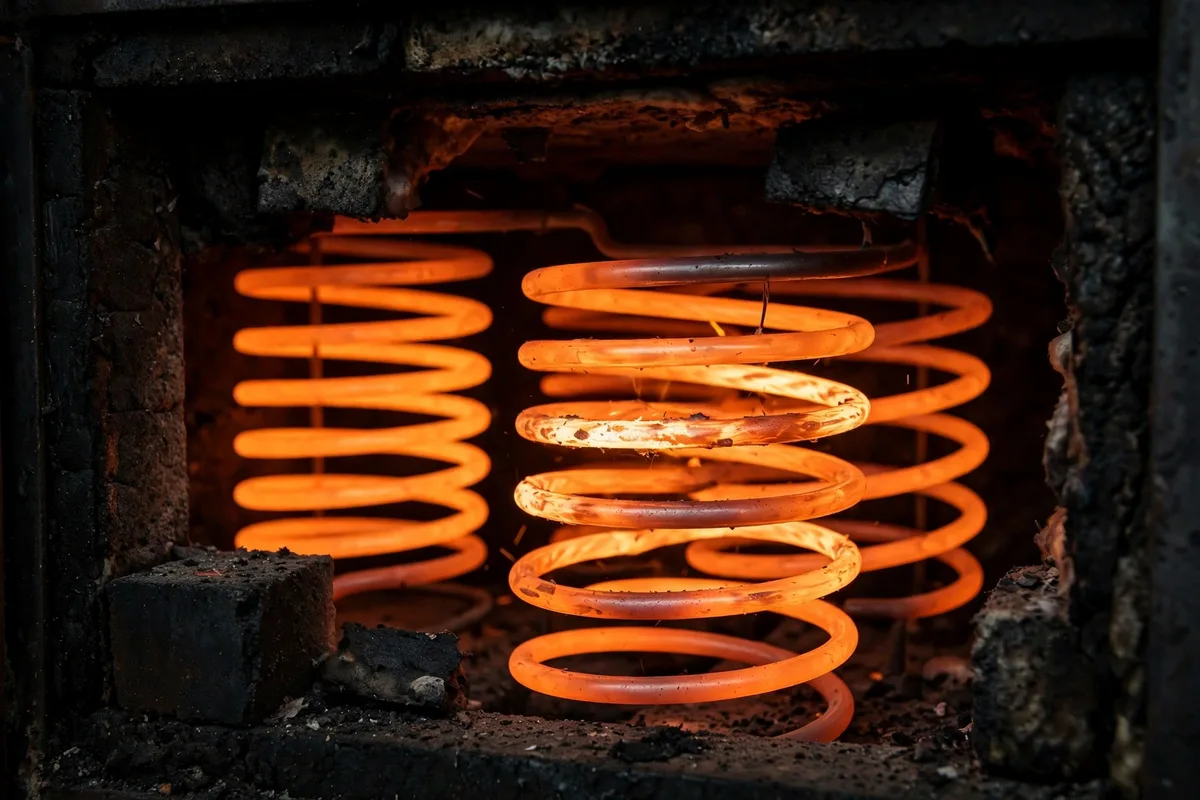 Glowing orange heating element coils inside an open electric furnace