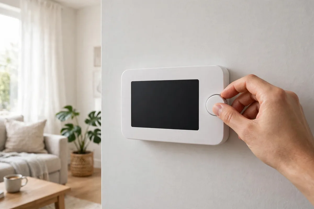 A hand adjusting a plain modern wall thermostat in a bright living room