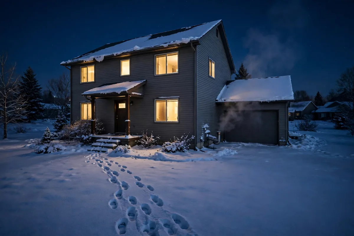 A Wyoming home on a cold winter night with snow on the roof and warm light in the windows