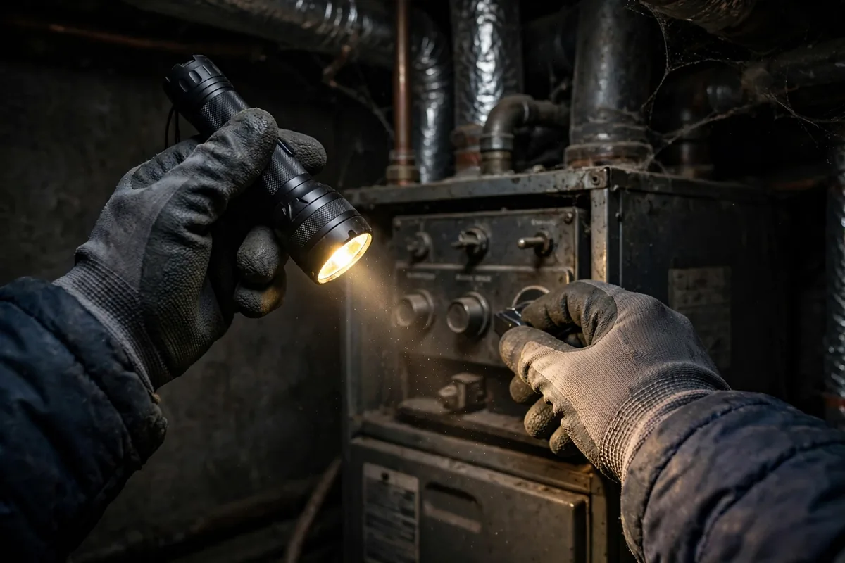 Gloved hand holding a flashlight toward furnace controls in a dark basement