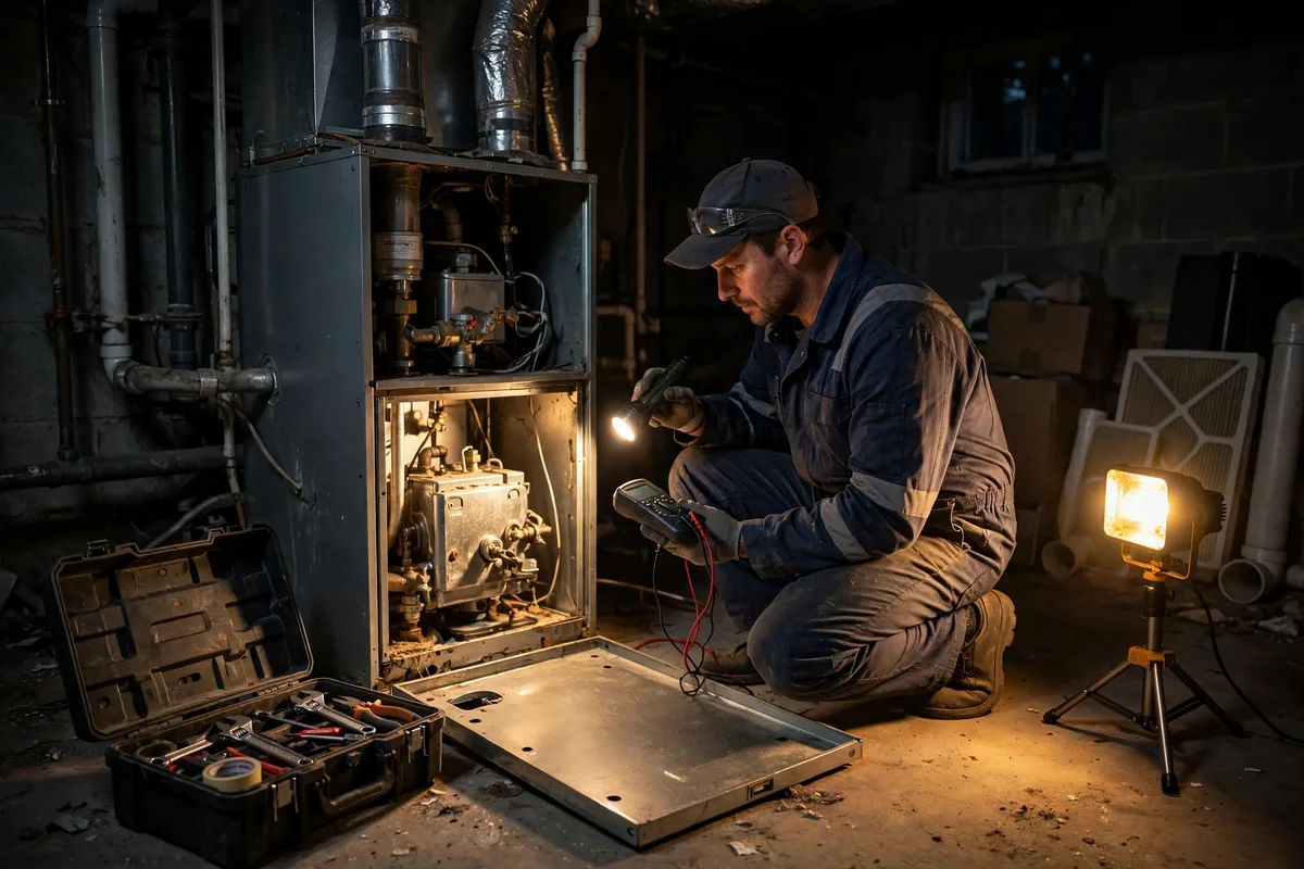 A technician testing an open furnace with a flashlight and meter during a night emergency call