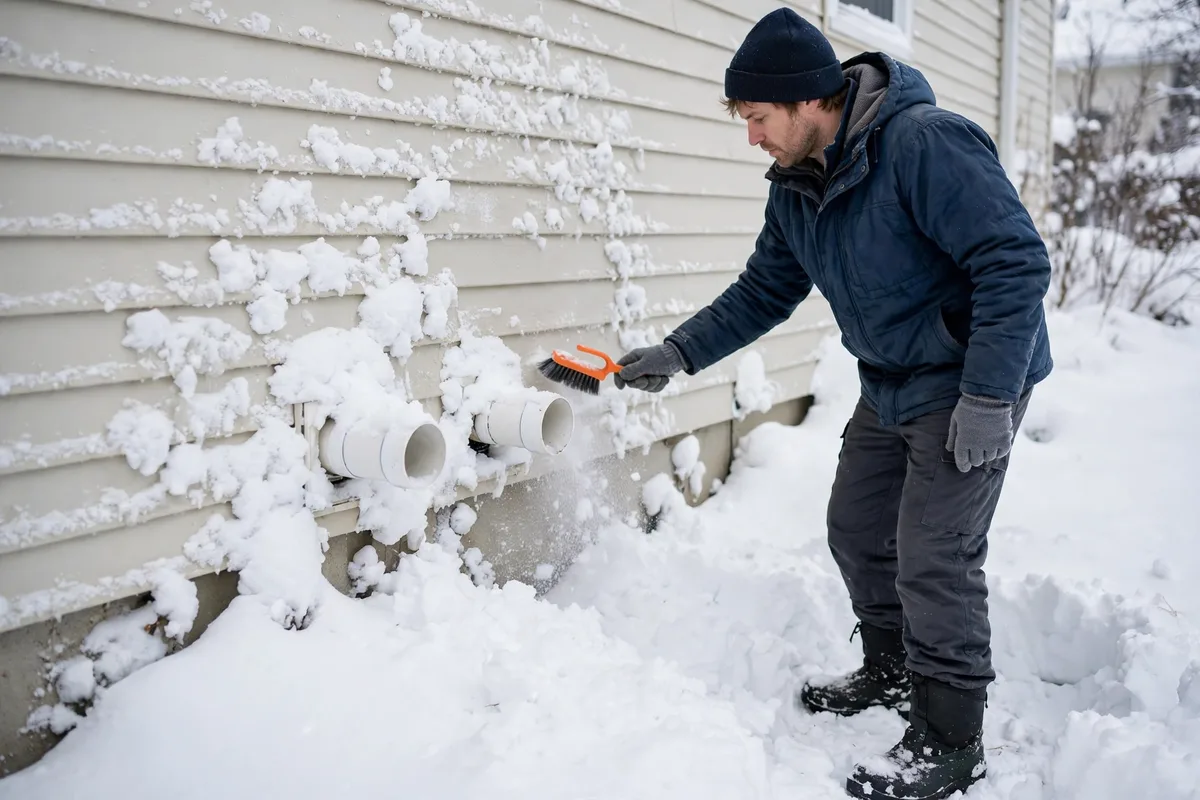 A worker brushing snow from furnace vent pipes on a house wall in Evanston