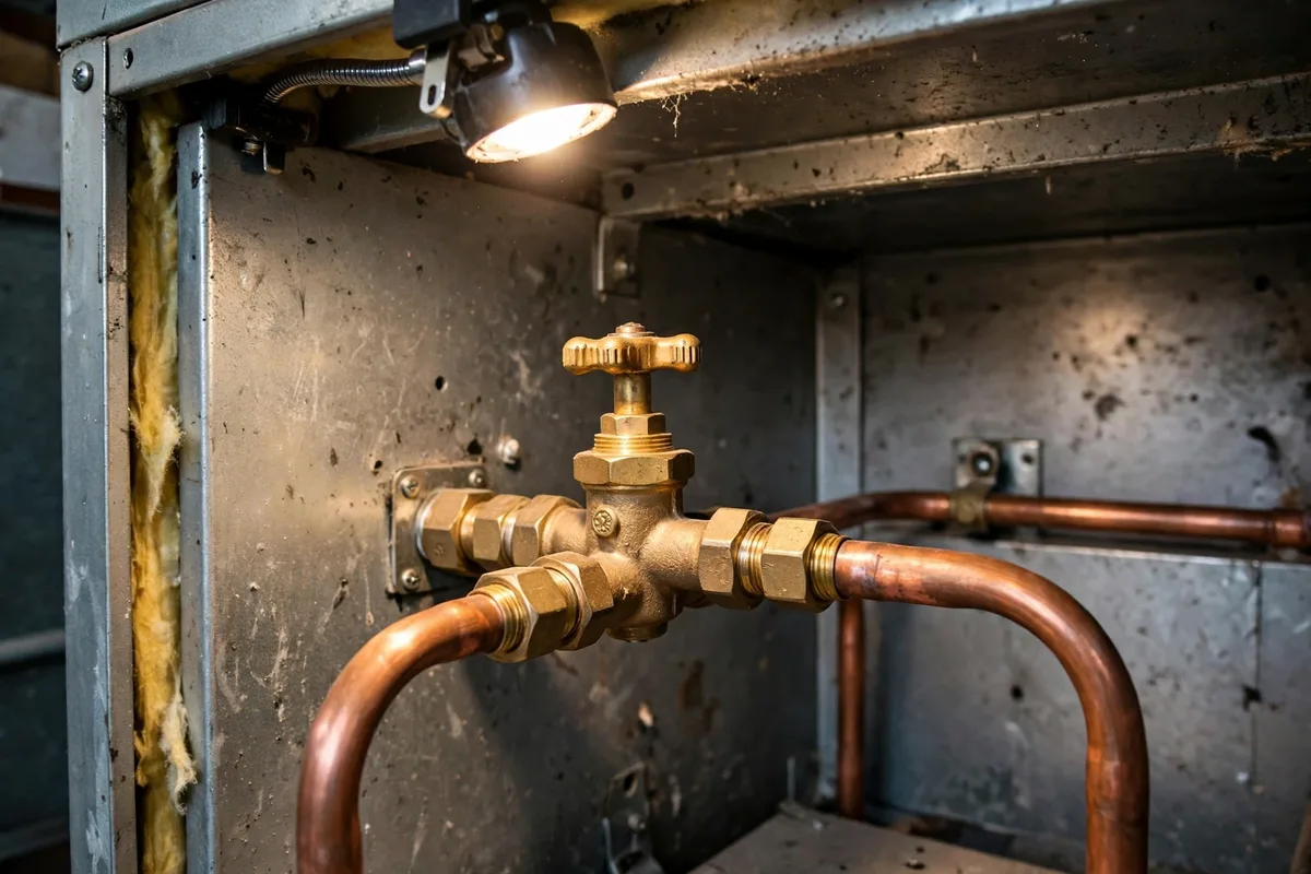 A brass gas valve with copper tubing inside an open furnace cabinet in Evanston