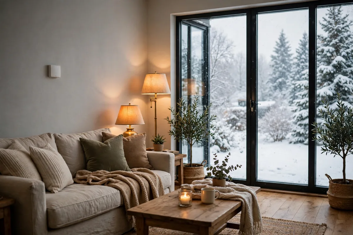 A single blank wall thermostat in a cozy living room with snow outside the window