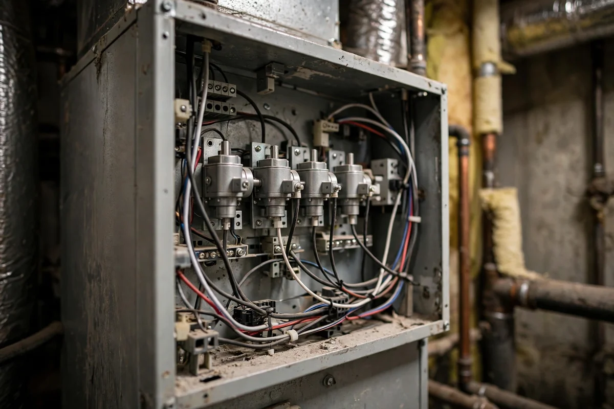 An open zone control panel with damper motors and wiring