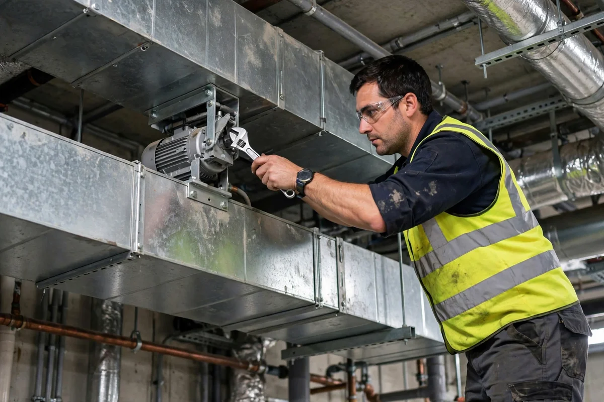 A technician adjusting a motorized damper on a metal duct run