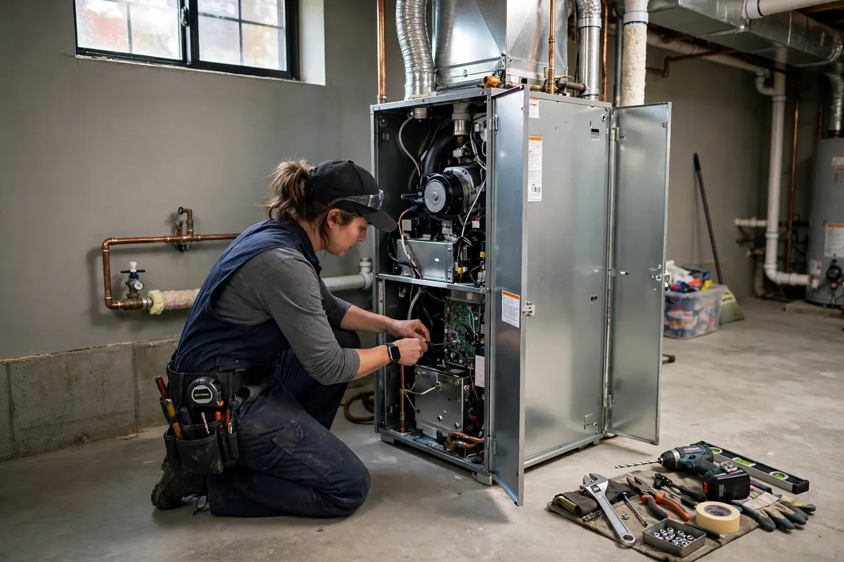 A technician fitting a new furnace with its panels open in a basement utility room