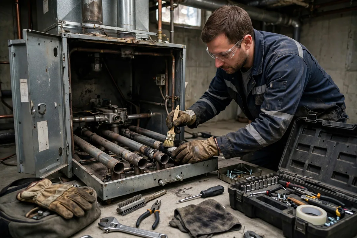 A technician brushing clean the burner tubes of an open furnace during a tune-up