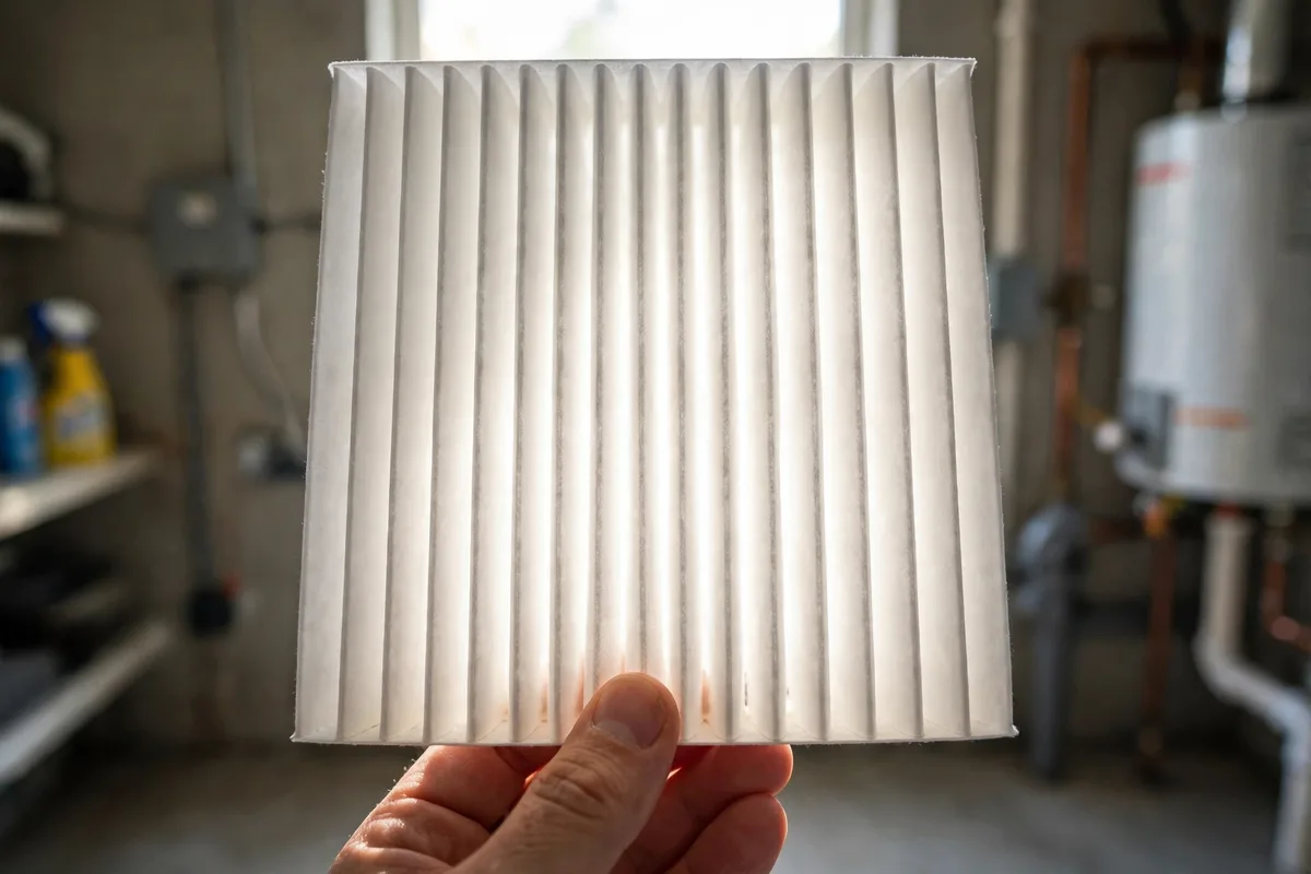 A clean pleated furnace filter held up to the light in a utility room