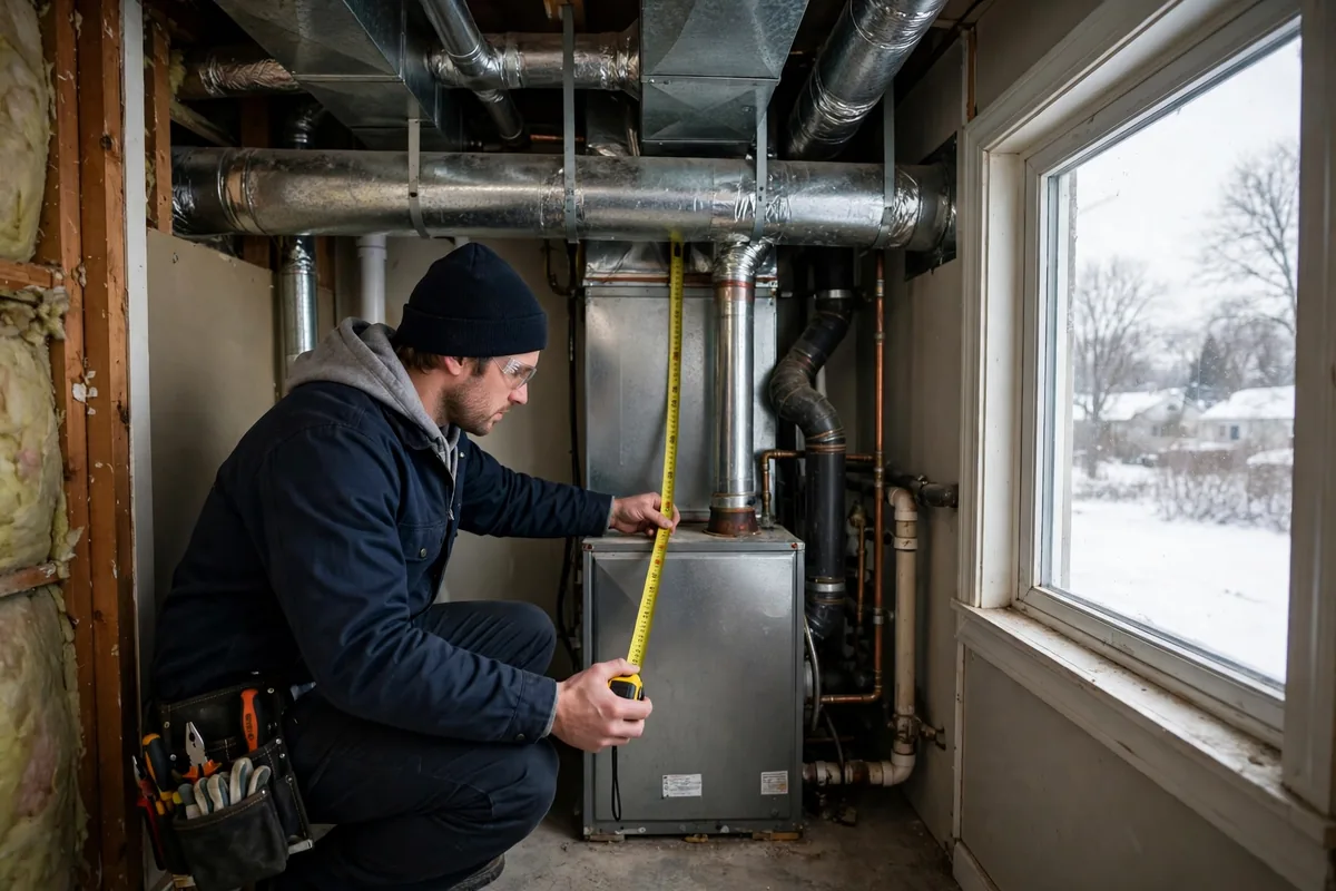 Technician measuring a furnace closet with a tape measure in a home