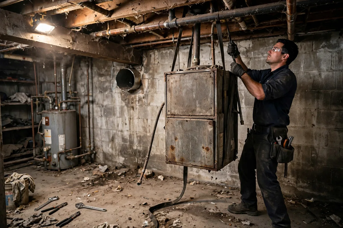 A technician moving an old rusted furnace unit out of a basement utility room