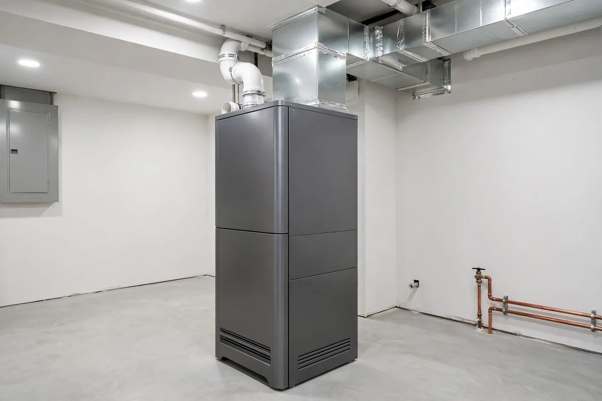 A new furnace standing in a tidy, well-lit utility room with clean duct connections