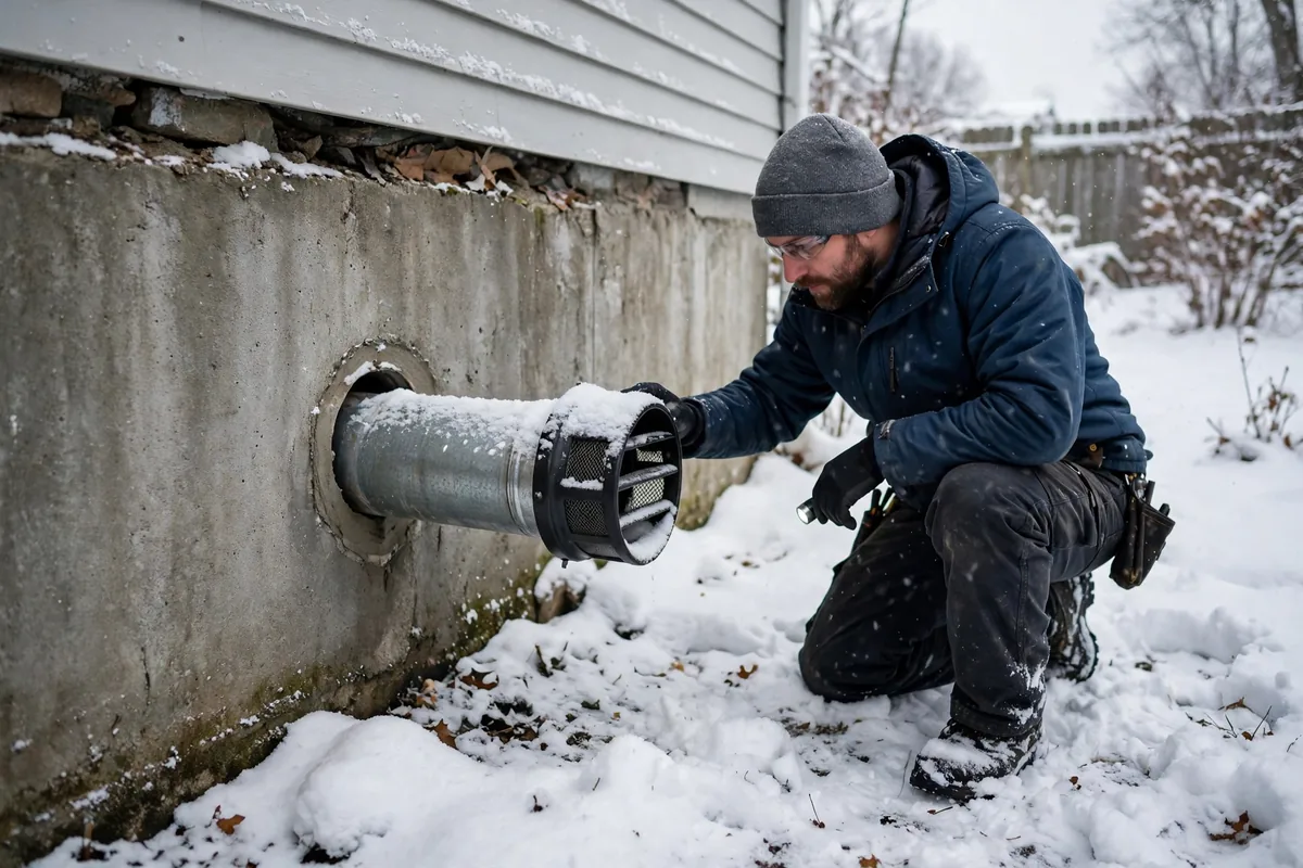 Technician checking a snow-covered furnace vent cap outside a house in winter