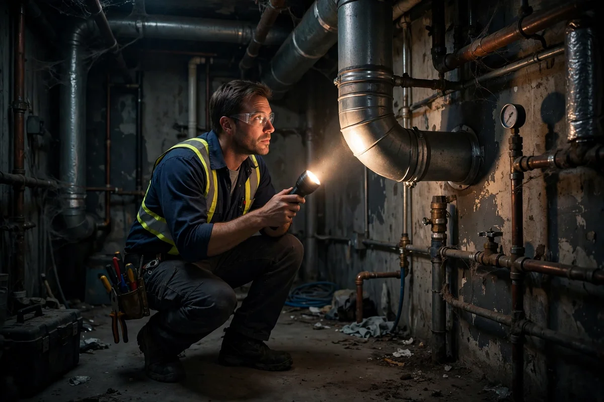 A technician inspecting a vent pipe with a flashlight in a dim utility room