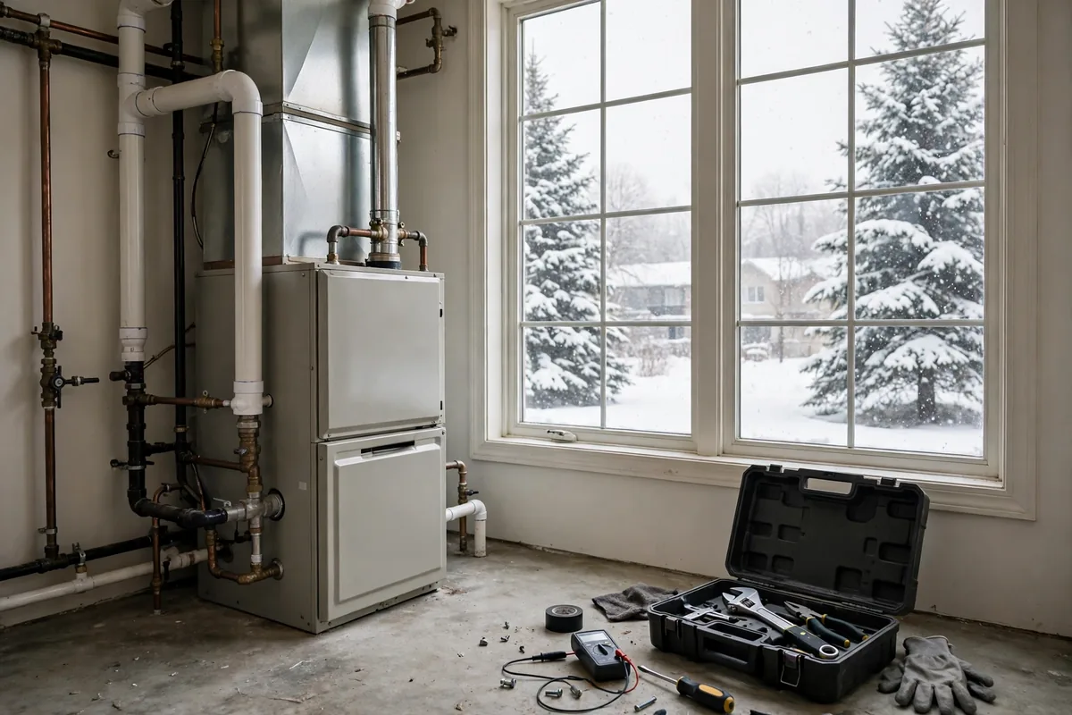 Home furnace beside a window showing snow and pine trees outside