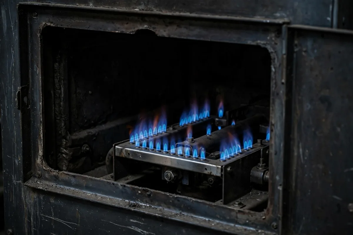 Steady blue flames on a gas furnace burner seen through an open panel