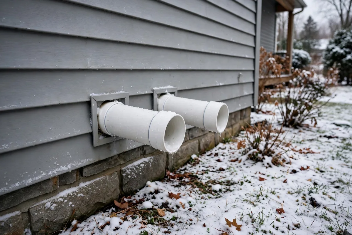 White vent pipes from a gas furnace exiting through the outside wall of a house in snow