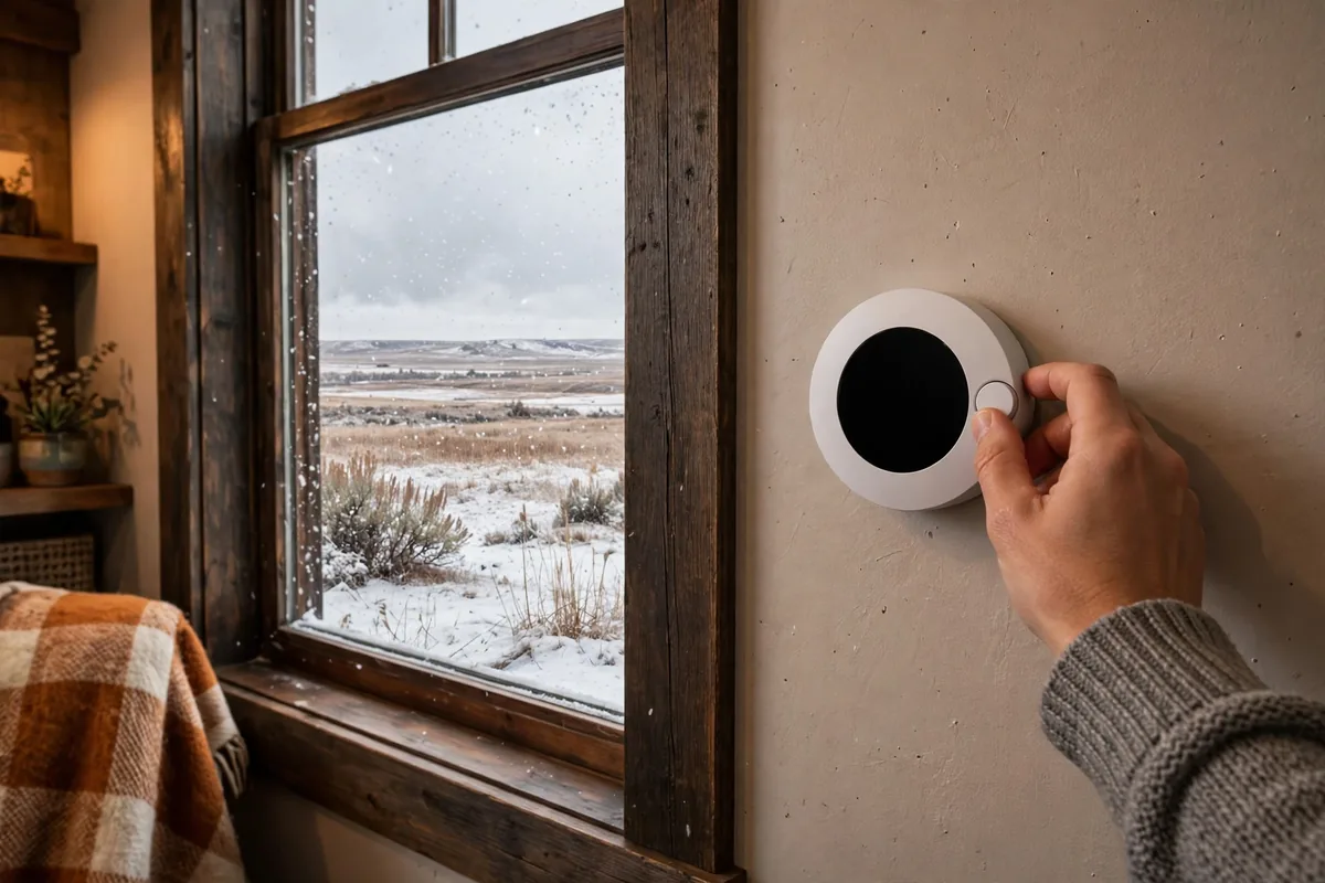 Hand adjusting a round wall thermostat, snowy plains visible through the window