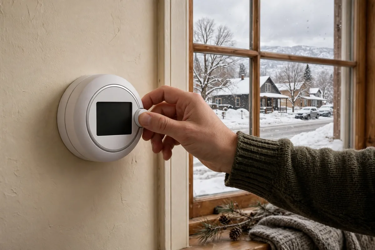 A hand adjusting a round thermostat in a Gillette home with a snowy street outside