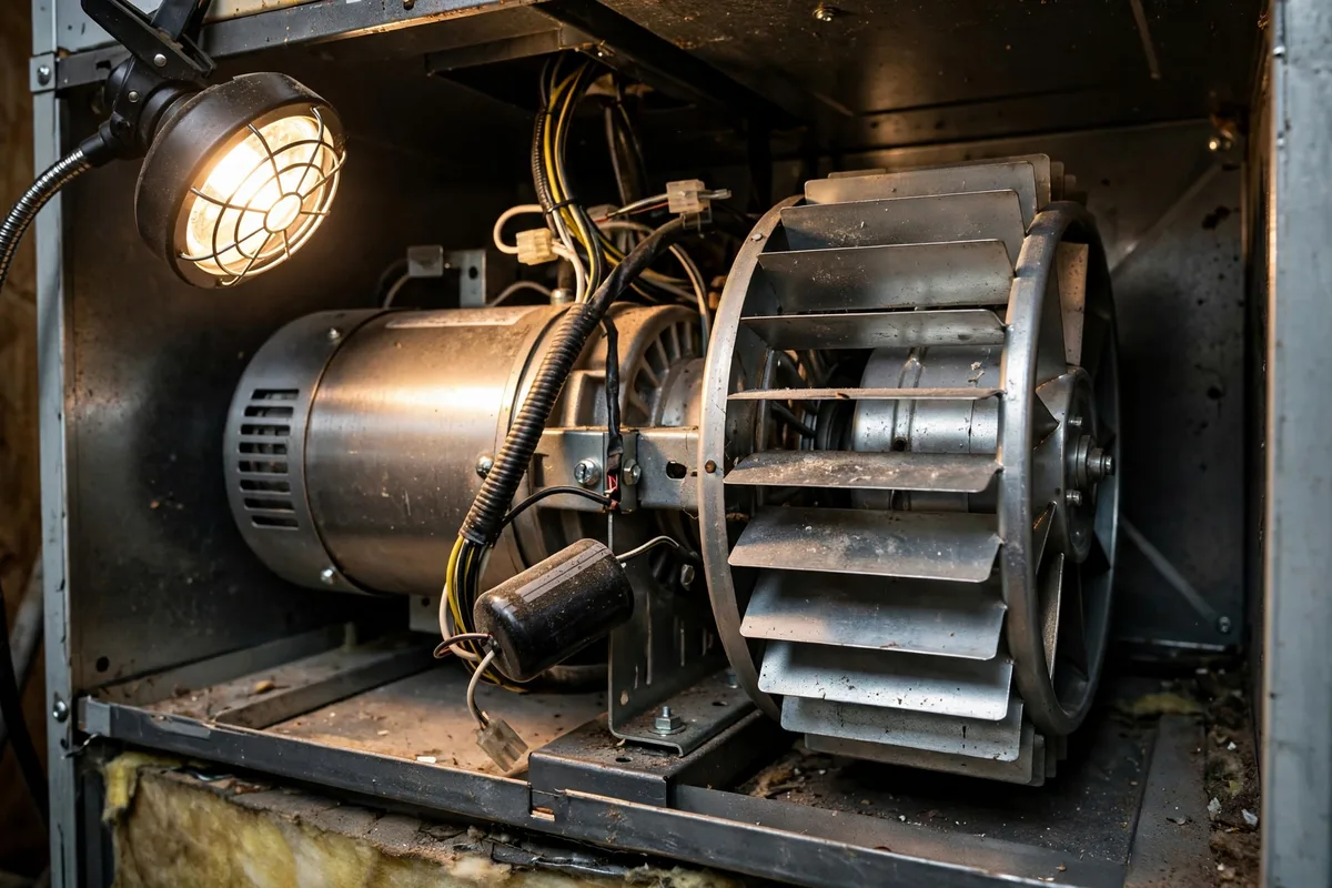 A furnace blower motor and fan wheel inside an open furnace cabinet in Gillette