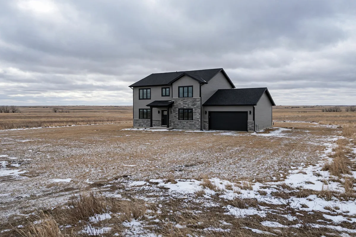 A newer house on an open lot with patchy snow in Gillette