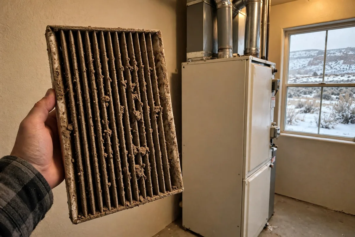 Hand holding a dirty clogged furnace filter beside a furnace, snowy desert visible through the window