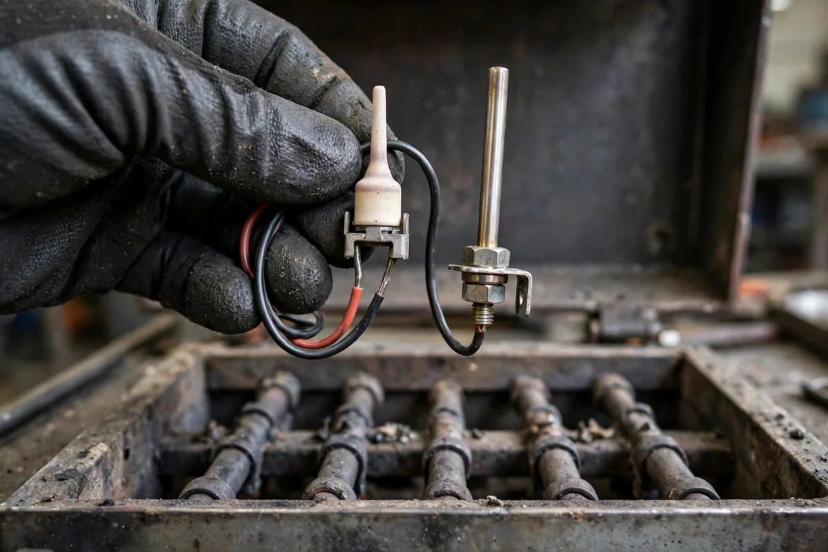 A gloved hand holding a furnace ignitor beside a flame sensor over a burner tray in Green River