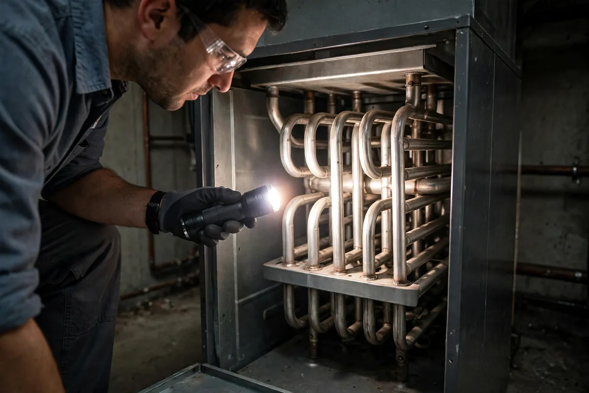 Technician shining a light on heat exchanger tubes inside an open furnace